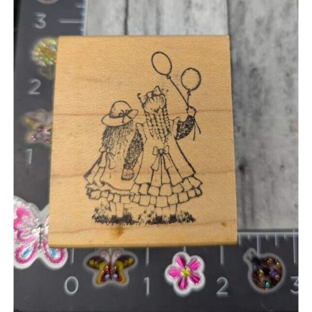 Great Impressions Girls Holding Balloons 1989 Rubber Stamp Wood #i46